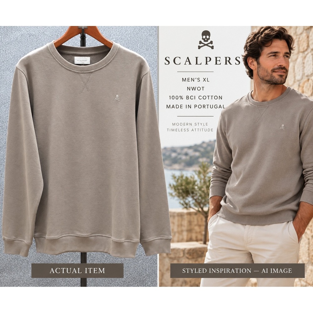Scalpers Sweatshirt Mens XL Taupe 100% BCI Cotton Skull Logo Made Portugal NWOT